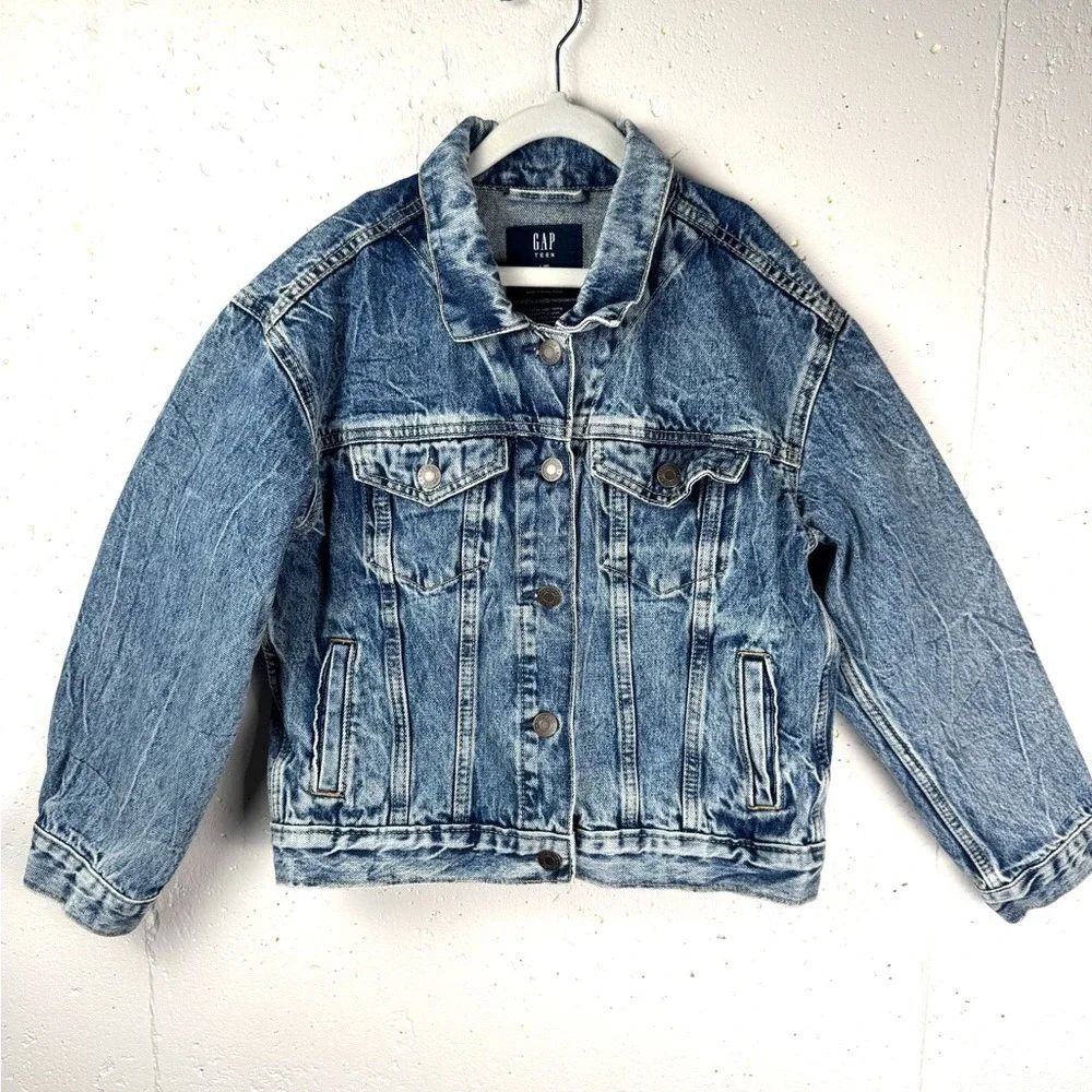 Gap Girls Teen Medium Wash Oversized Denim Jacket relaxed fit 100% cotton L (10)